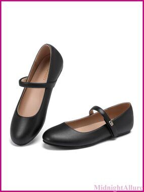 Mary Jane Shoes Women Round Toe Ballet Flats Faux Leather with Arch Support